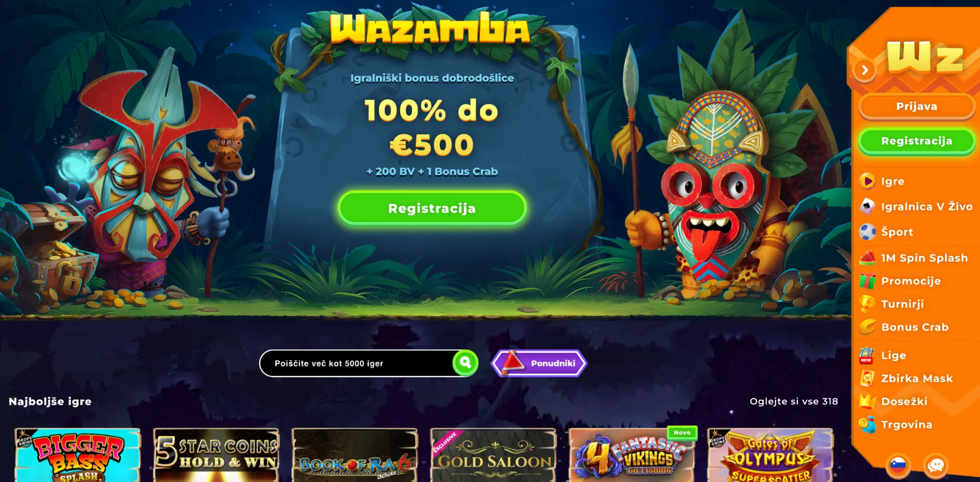 Wazamba igralnica – dobrodošel bonus 100% do 500 €, +200 BV in 1 Bonus Crab, maskoti s kovčkom zlatnikov in